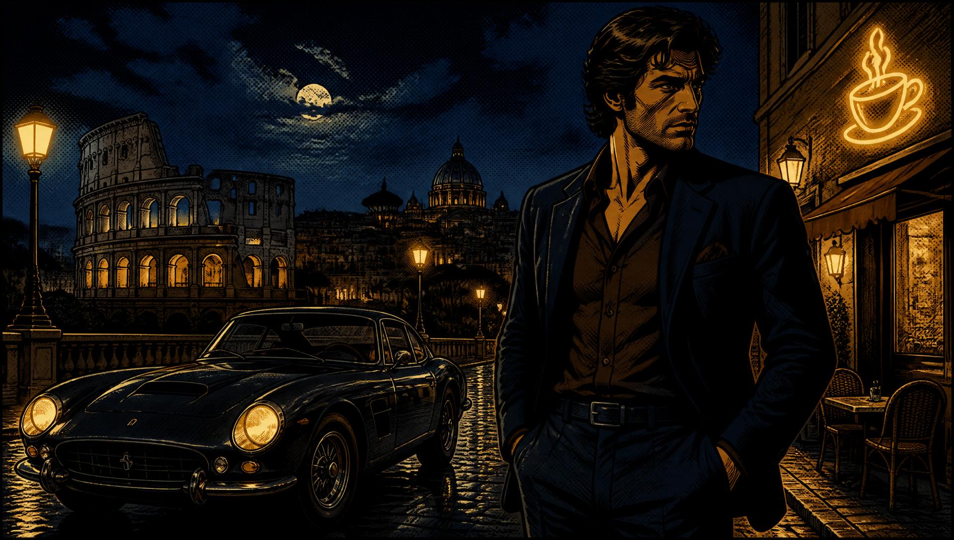 Illustrazione comic: Roma di notte con Colosseo, auto e insegne dorate